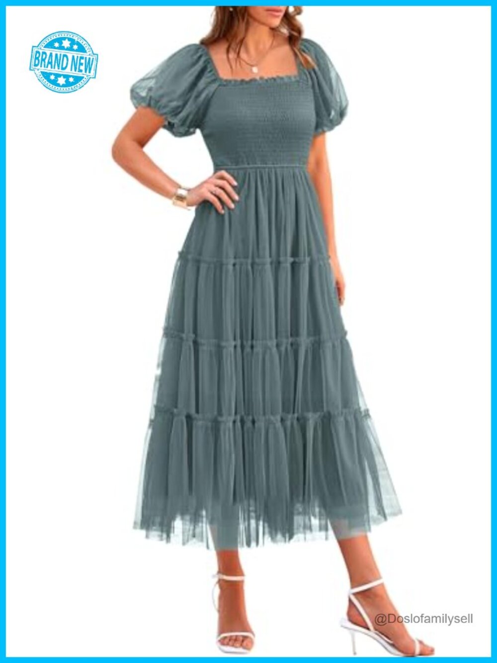 Smocked Tulle Midi Dress Puff Sleeve Tiered Ruffle Fit & Flare